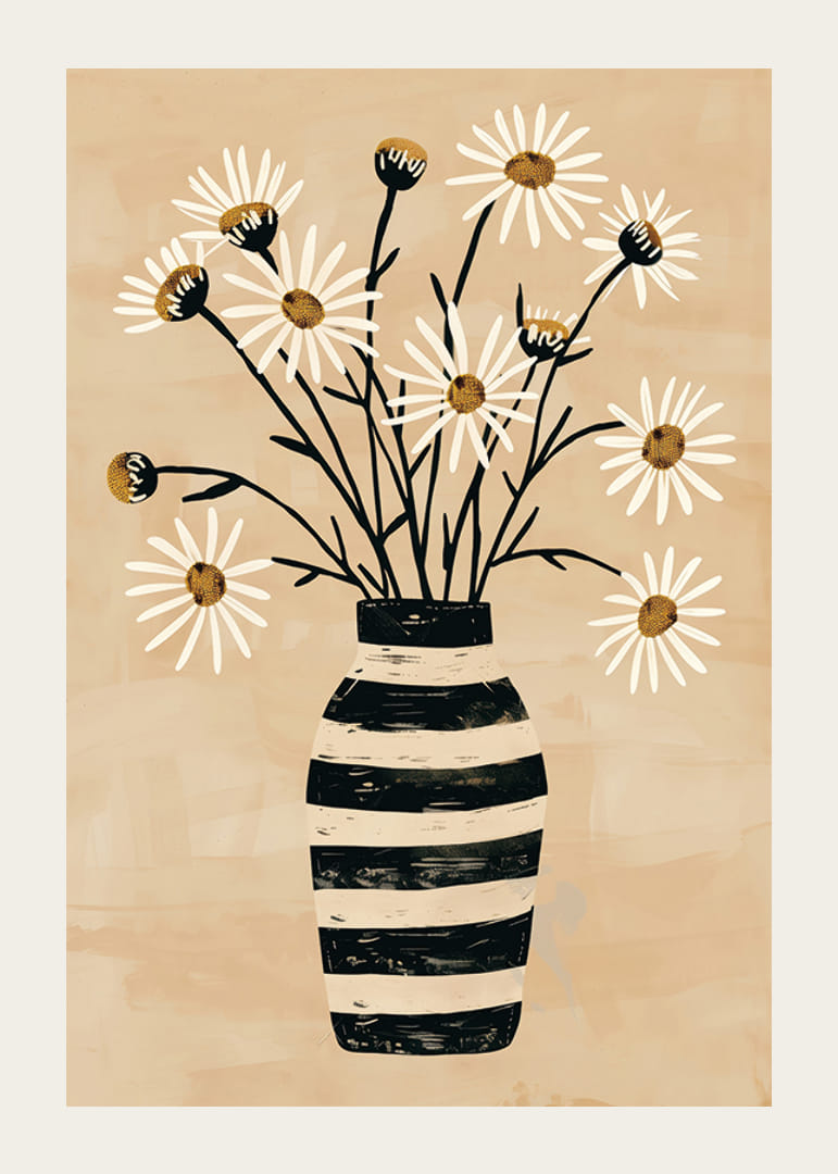 Rustic feel with daisies in a striped vase creates peace and harmony-12