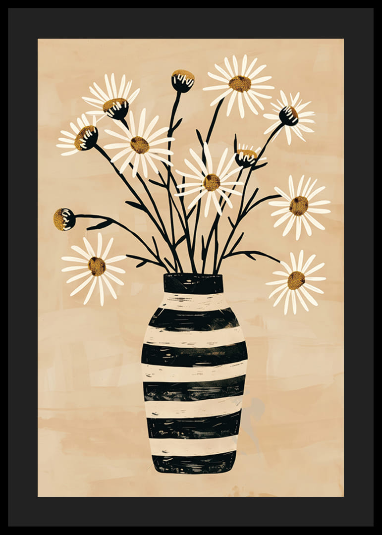 Rustic feel with daisies in a striped vase creates peace and harmony-12