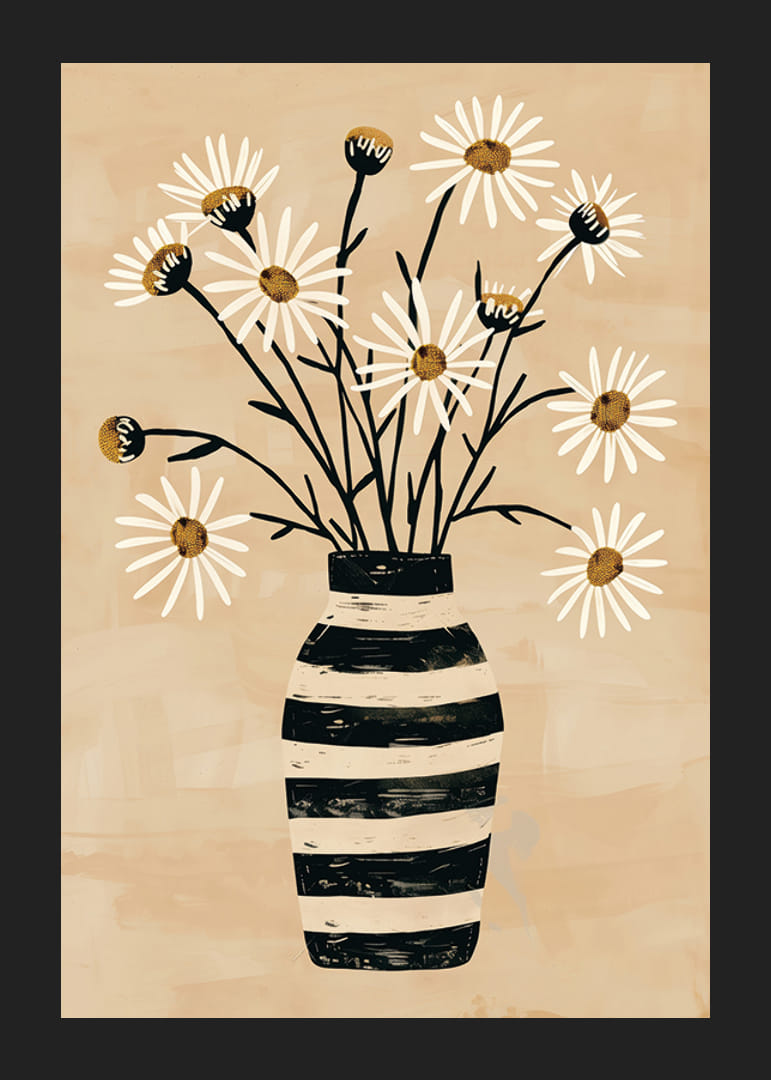 Rustic feel with daisies in a striped vase creates peace and harmony-12