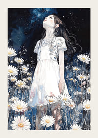 O fată se uită la stele printre margarete-3