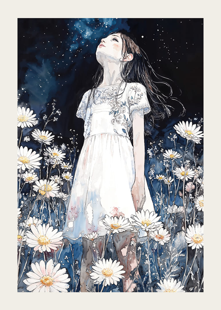 O fată se uită la stele printre margarete-12