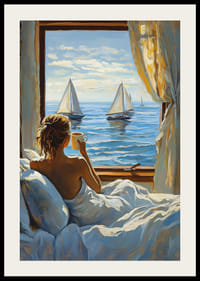 Žena si vychutnáva rannú kávu s výhľadom na more z okna-2