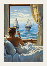 Žena si vychutnáva rannú kávu s výhľadom na more z okna-3