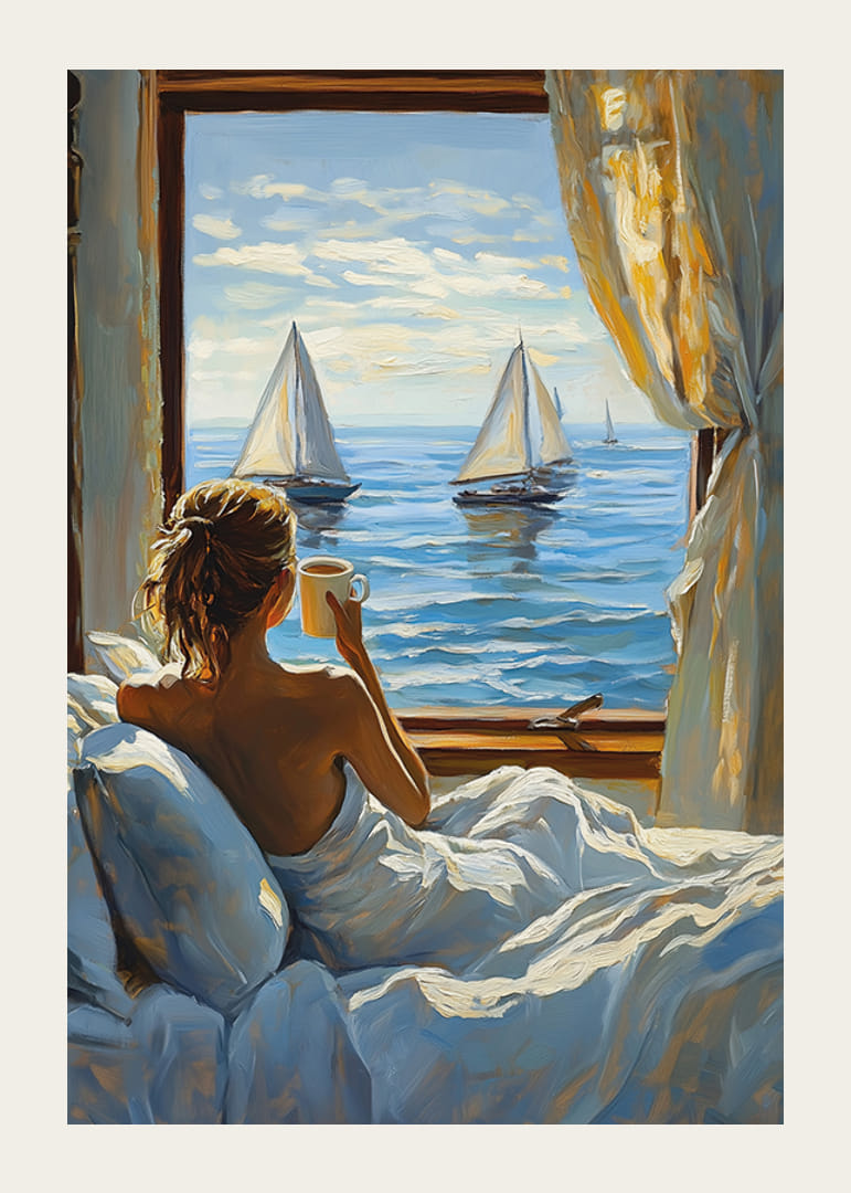 Žena si vychutnáva rannú kávu s výhľadom na more z okna-12