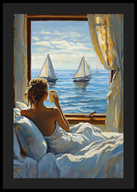 En kvinna njuter av morgonkaffe med havsutsikt från sitt fönster-4