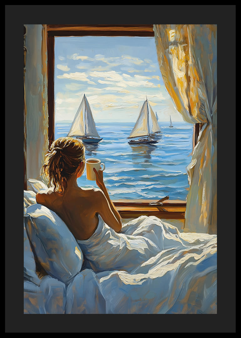 Žena si vychutnáva rannú kávu s výhľadom na more z okna-12