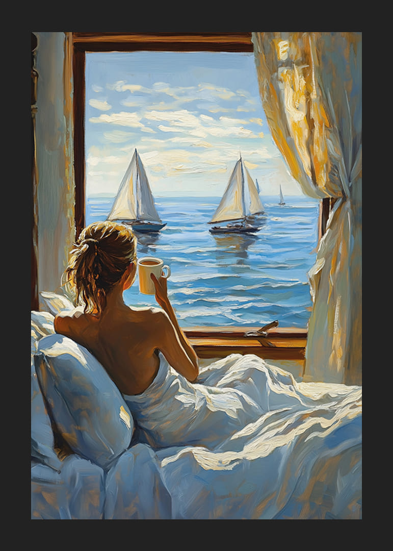 Žena si vychutnáva rannú kávu s výhľadom na more z okna-12
