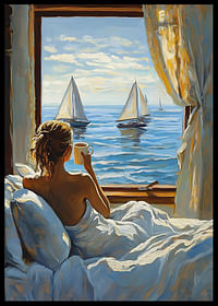 A woman enjoys morning coffee with a sea view from her window-2