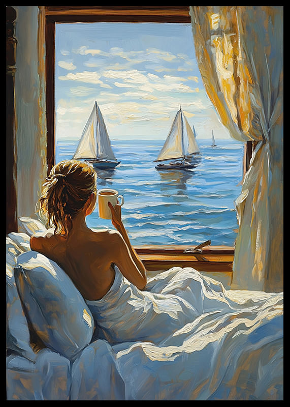 A woman enjoys morning coffee with a sea view from her window-12