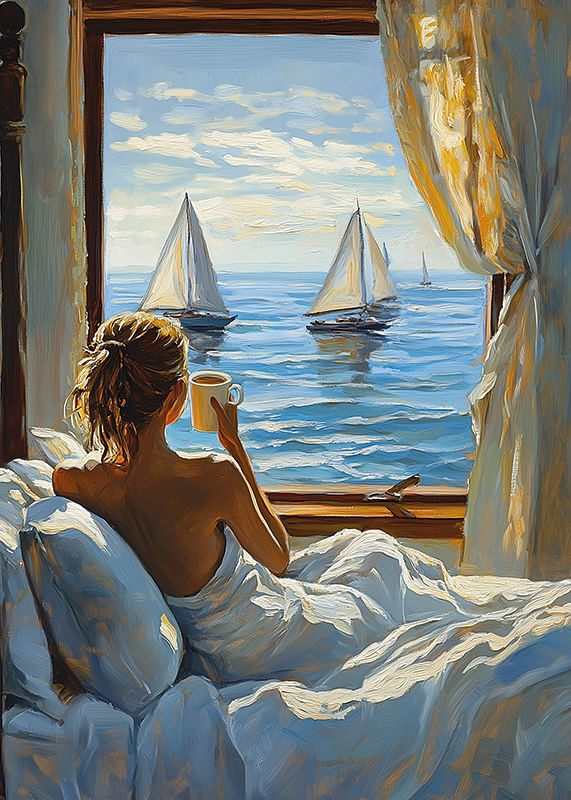 A woman enjoys morning coffee with a sea view from her window-12