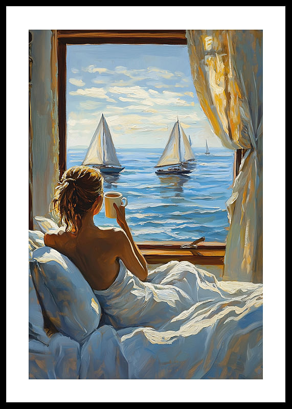A woman enjoys morning coffee with a sea view from her window-12