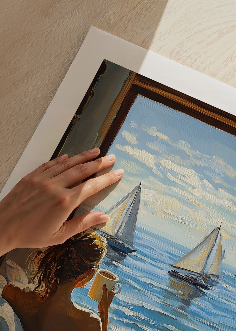 A woman enjoys morning coffee with a sea view from her window-12