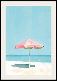 Rofyllt strandmotiv med färgstark parasoll som för tankarna till sommaren-2