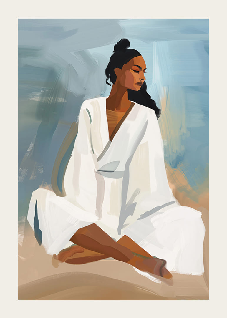 Seated woman in calm colors with a dreamy expression-12