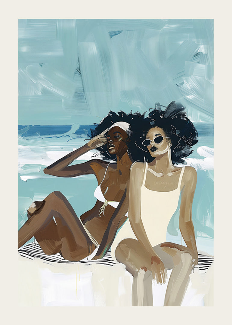 Two women in swimsuits enjoying the beach and the sea breeze-12