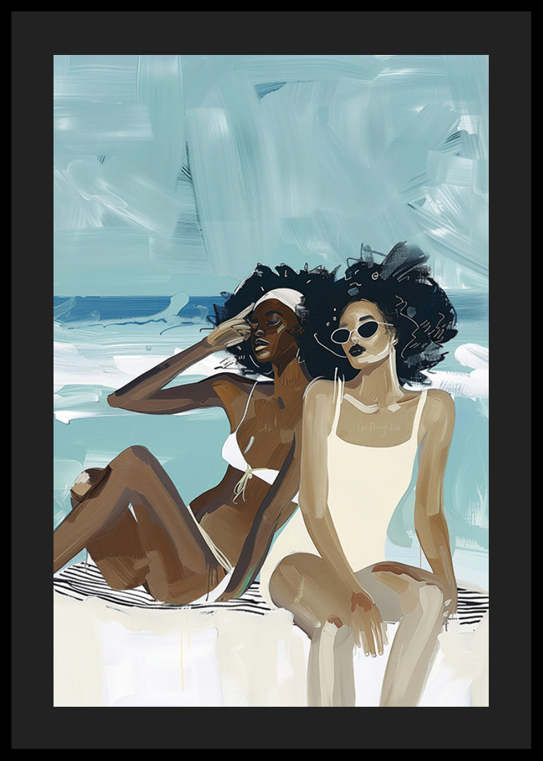 Two women in swimsuits enjoying the beach and the sea breeze-12