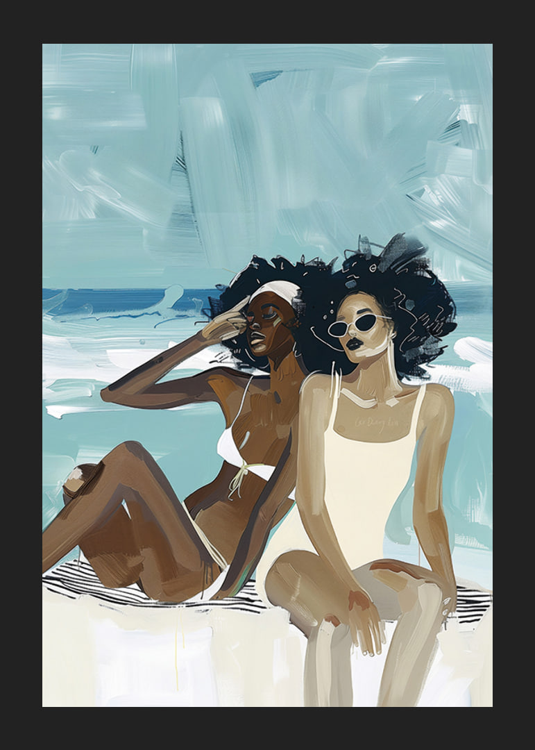 Two women in swimsuits enjoying the beach and the sea breeze-12