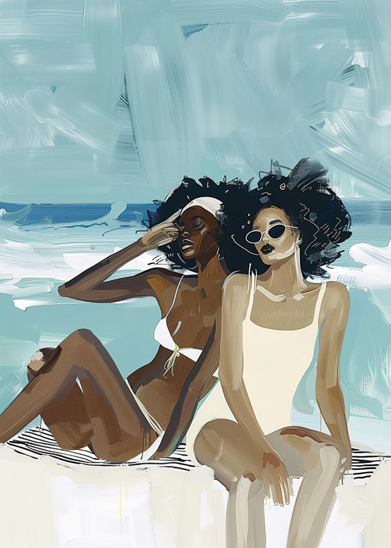 Two women in swimsuits enjoying the beach and the sea breeze-12