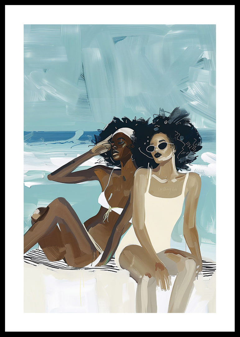 Two women in swimsuits enjoying the beach and the sea breeze-12
