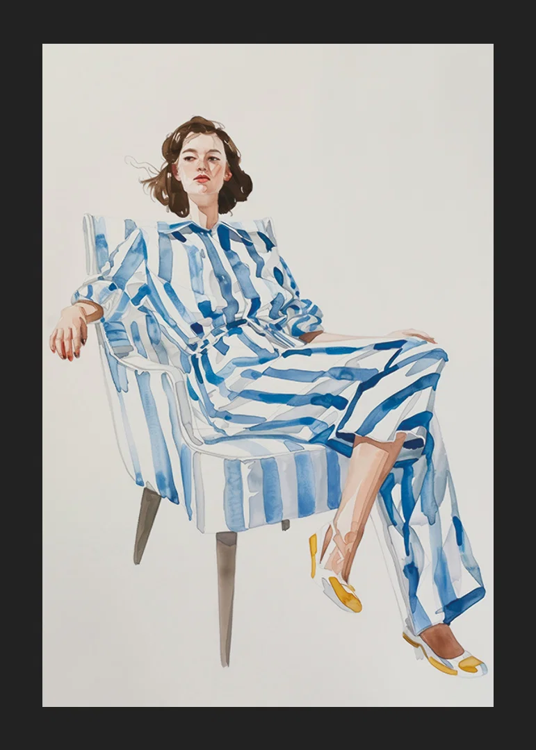 Modern feminine elegance with blue and white striped outfit-12