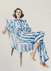 Modern feminine elegance with blue and white striped outfit-7