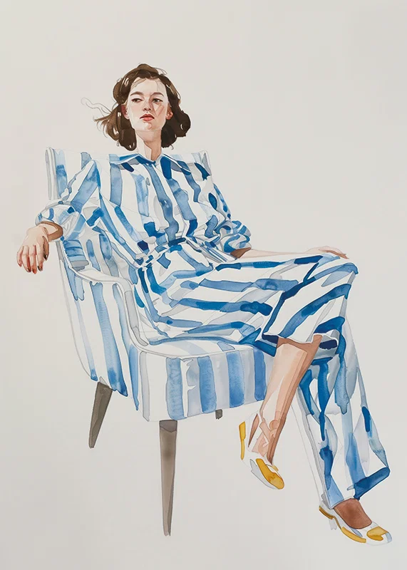 Modern feminine elegance with blue and white striped outfit-12