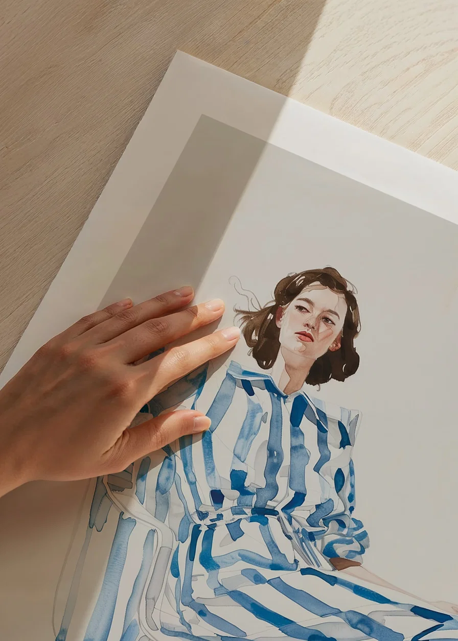 Modern feminine elegance with blue and white striped outfit-12