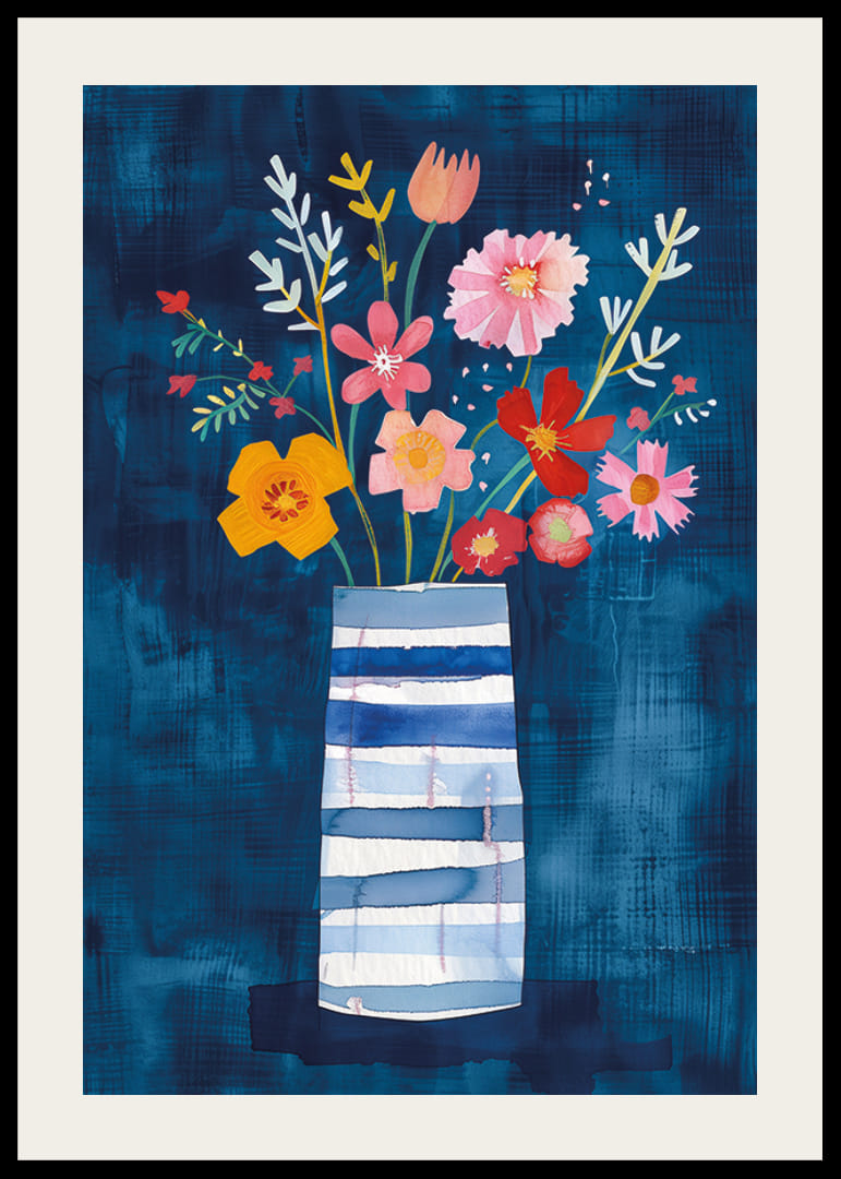 Färgsprakande blommor i vas mot djupblå bakgrund skapar harmoni-12