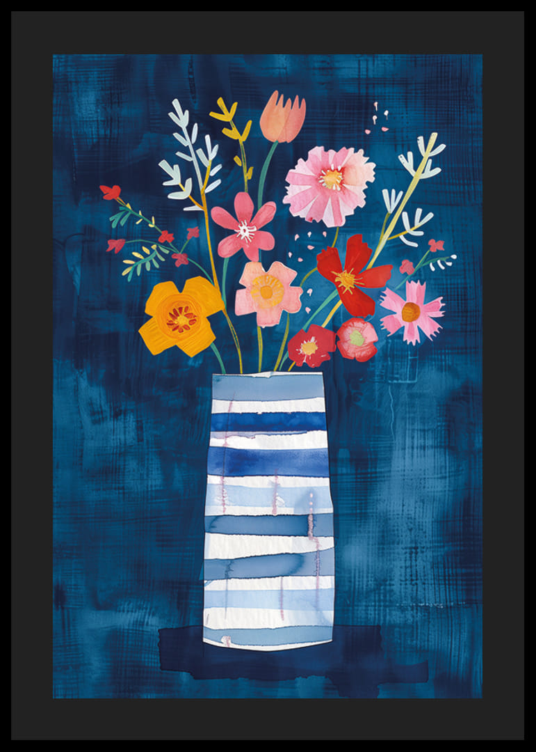 Färgsprakande blommor i vas mot djupblå bakgrund skapar harmoni-12