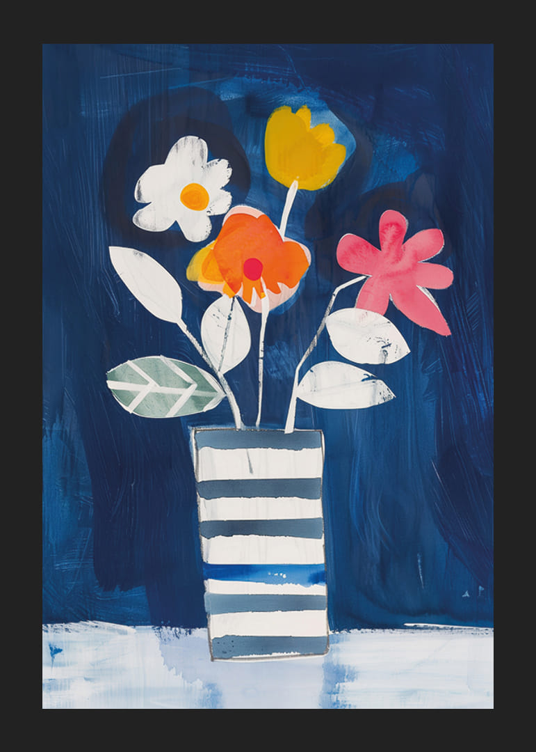 Livfulla blommor mot en djupblå bakgrund skapar harmoni-12