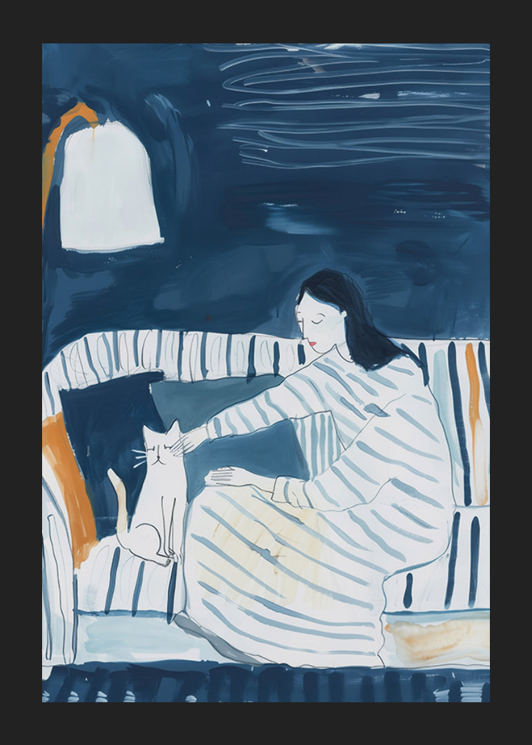 A quiet moment with a cat in a subdued blue-toned atmosphere-12