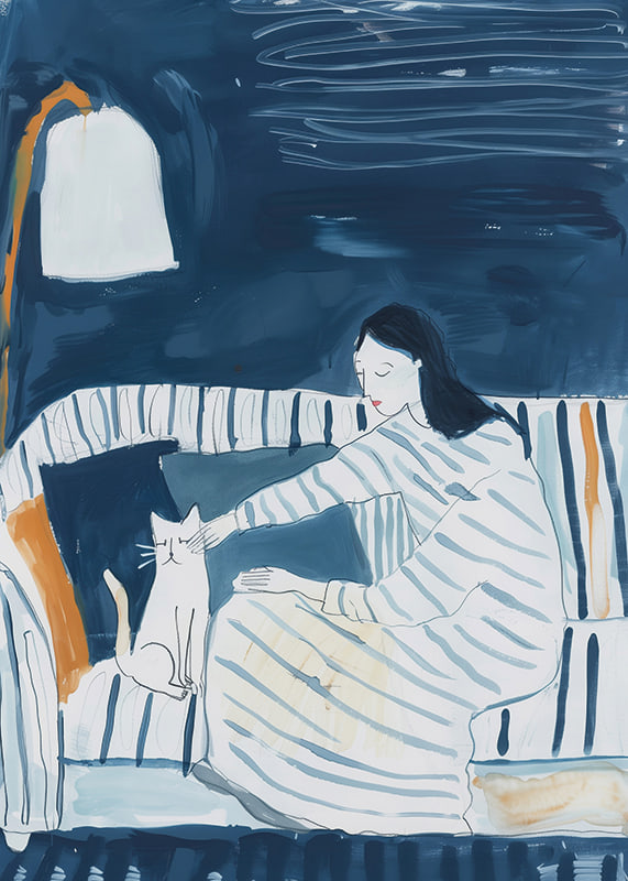 A quiet moment with a cat in a subdued blue-toned atmosphere-12