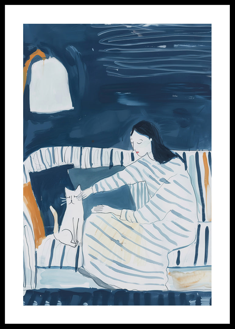 A quiet moment with a cat in a subdued blue-toned atmosphere-12