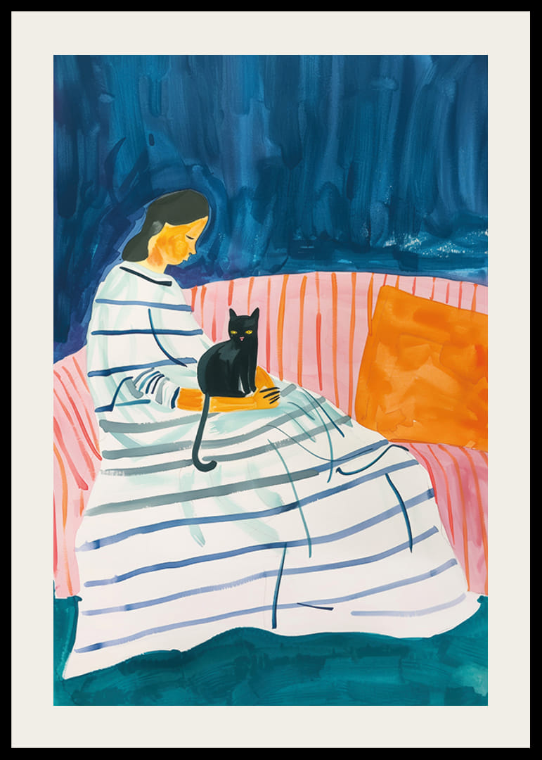 En kvinne med en katt i et stille og harmonisk rom-12