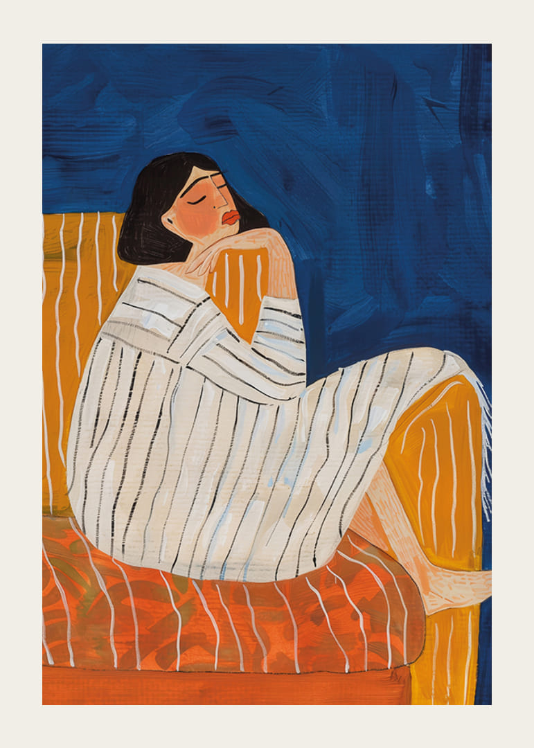 En kvinne i ro omgitt av dype farger og en rolig atmosfære-12