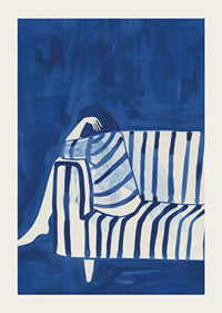 Deep blue envelops a resting figure in a striped cover-3