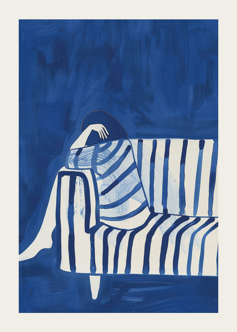Deep blue envelops a resting figure in a striped cover-12