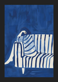 Deep blue envelops a resting figure in a striped cover-5
