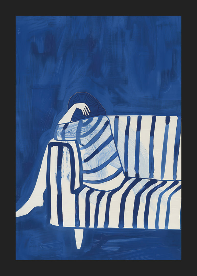 Deep blue envelops a resting figure in a striped cover-12