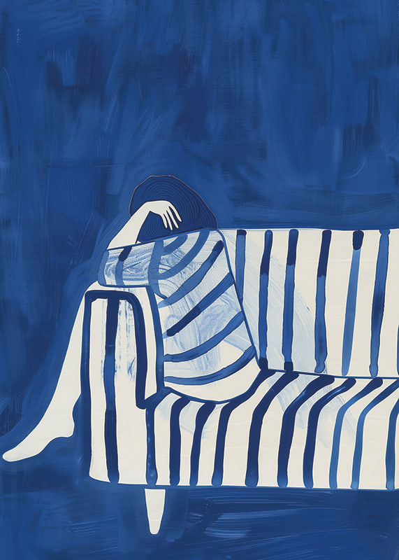 Deep blue envelops a resting figure in a striped cover-12