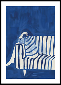 Deep blue envelops a resting figure in a striped cover-0