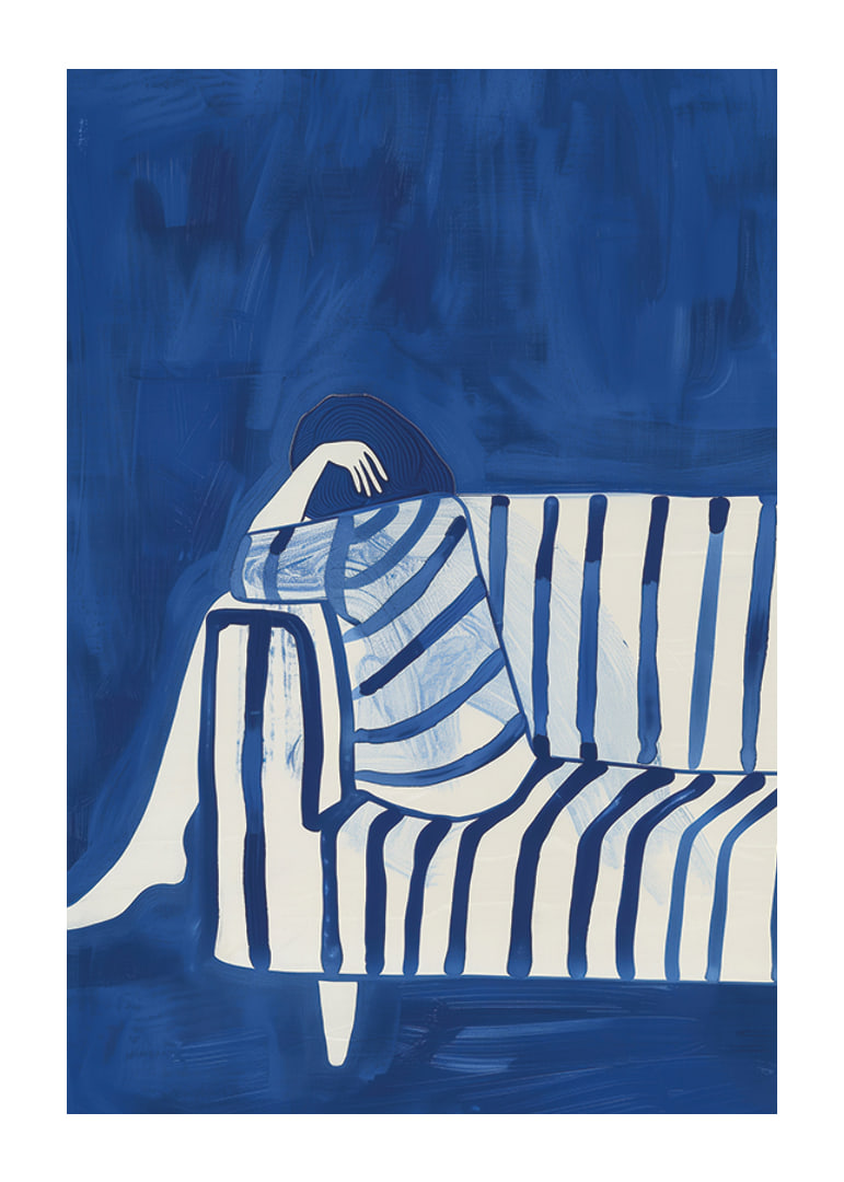 Deep blue envelops a resting figure in a striped cover-12