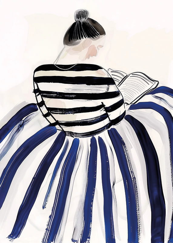 A woman in elegant striped clothes immersed in a book-12