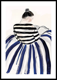 A woman in elegant striped clothes immersed in a book-0