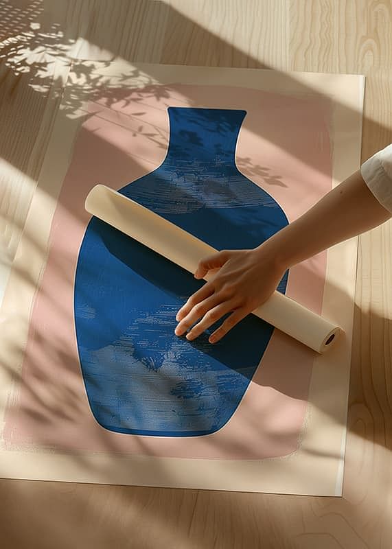 Blue vase against soft pink background creates harmonious balance-12