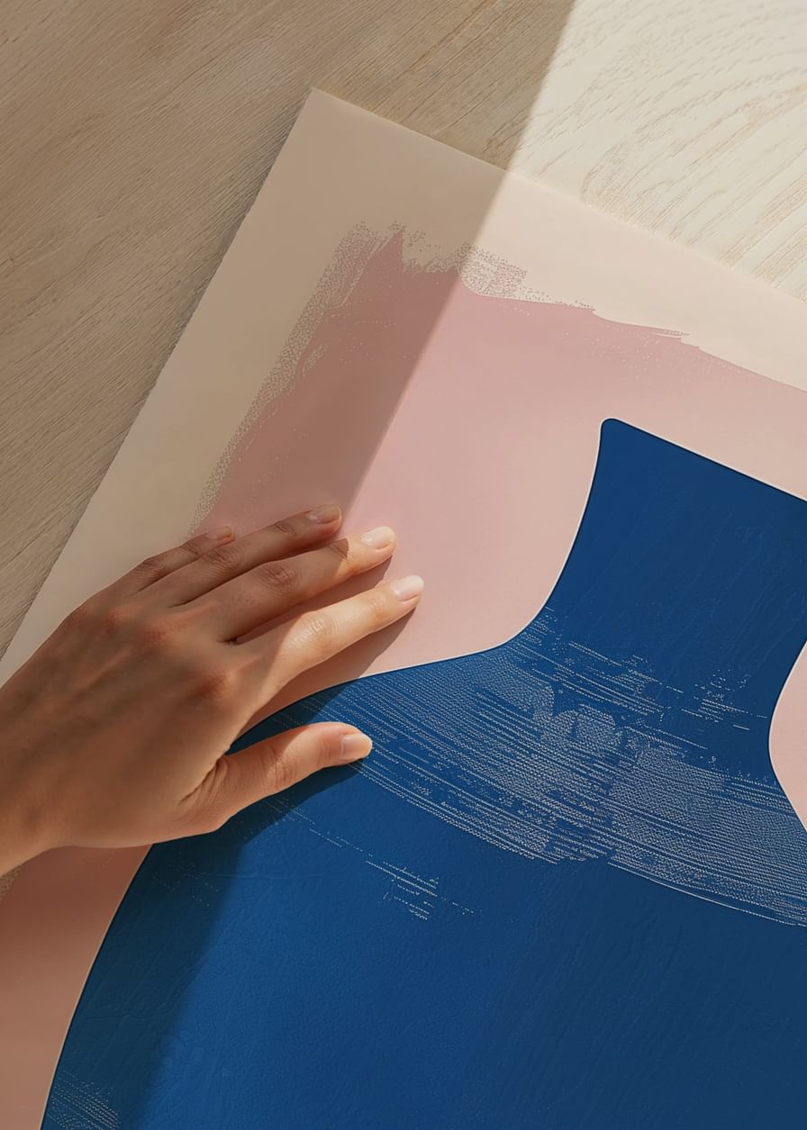 Blue vase against soft pink background creates harmonious balance-12