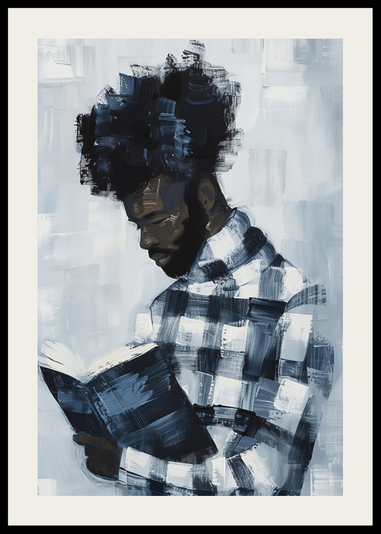 Ein Mann, der in einem Buch versunken ist, umgeben von gedämpften Blautönen-12