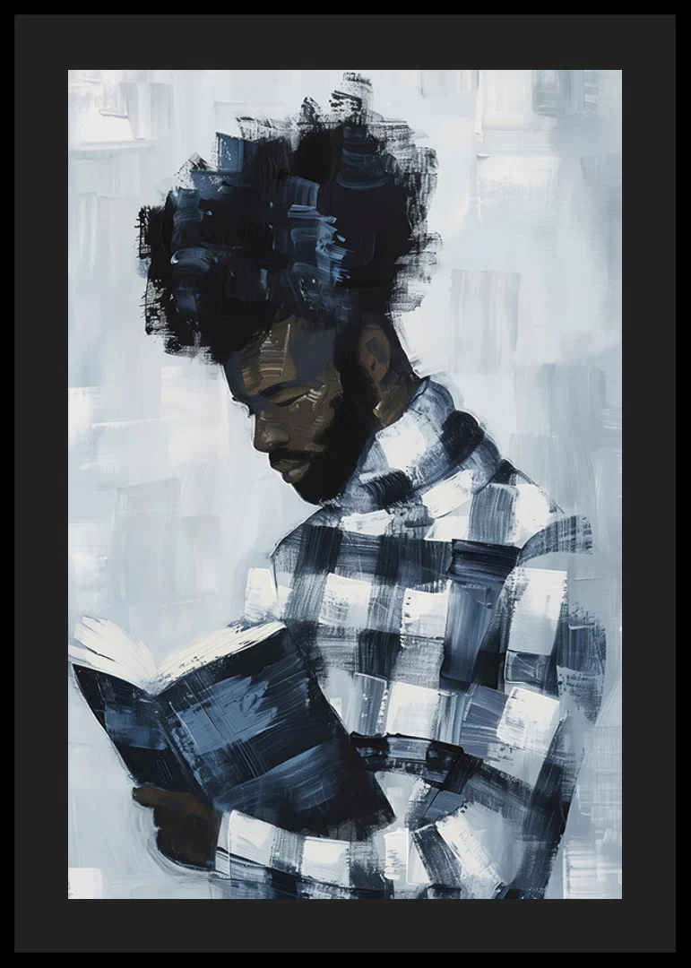 A man lost in a book, surrounded by muted blue tones-12