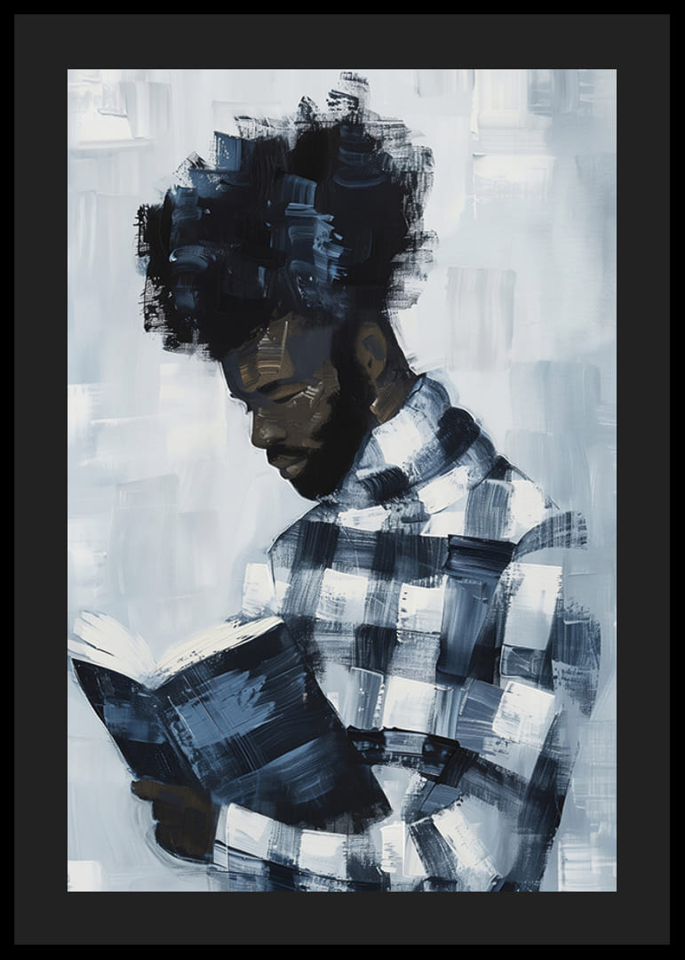 Ein Mann, der in einem Buch versunken ist, umgeben von gedämpften Blautönen-12