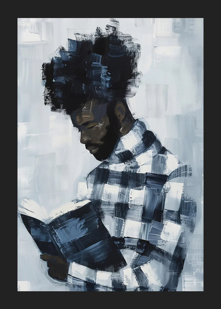 A man lost in a book, surrounded by muted blue tones-12